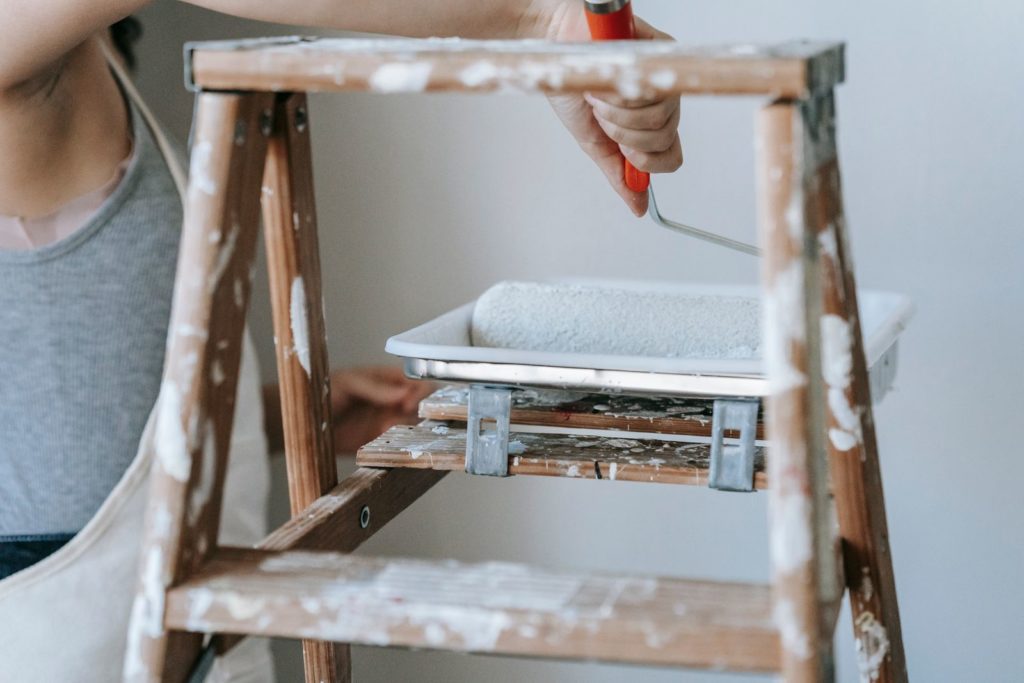 Painter ladder with a paint tray
